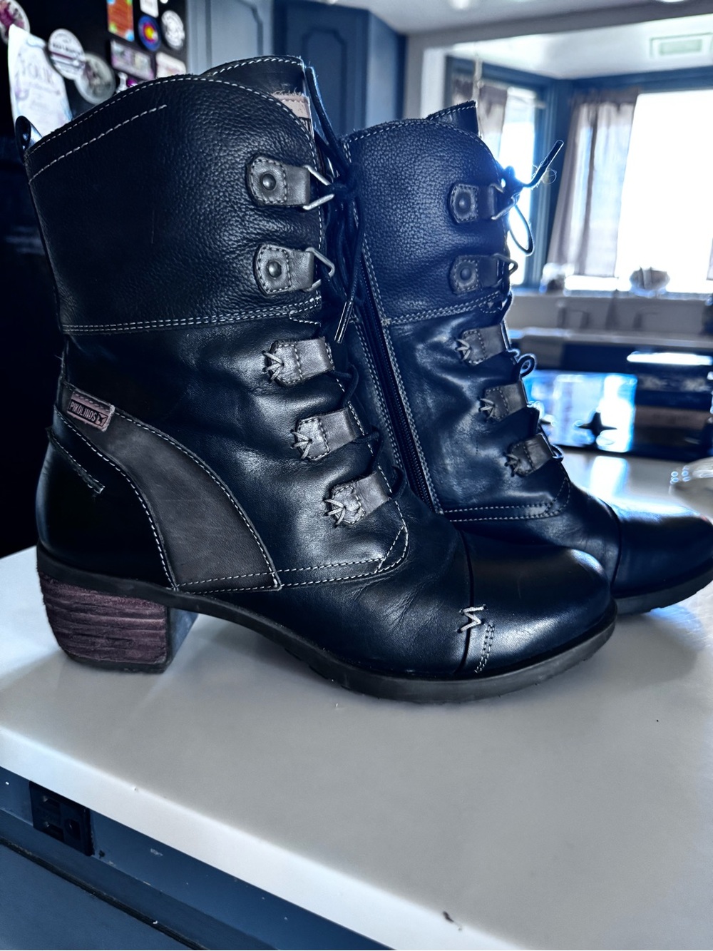 PIKOLINOS Black Leather Lace-Up Heeled Ankle Boots